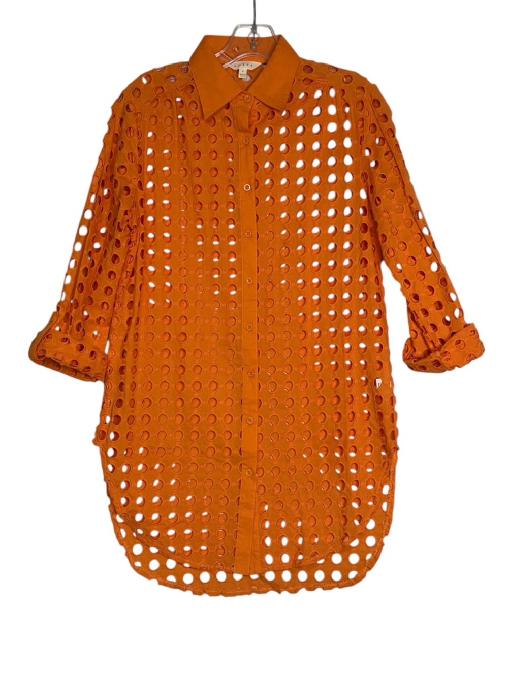 Adiva Orange 100% Cotton Eyelet Button-Down Shirt Tunic Coverup Small